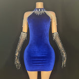 Elegant socialite luxurious formal dress with neck hanging French tassel gloves, sexy and tight fitting short skirt covering buttocks