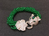 Micropaved Zircon Leopard Head Green Onyx Pearl Multi-Ring Bracelet