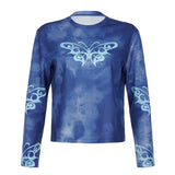 Polyester Blooming Butterfly Print Loose Casual Waffle T-shirt Basic Top