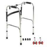 Elderly Folding Walker 6 Height Adjust 4 Legs Stainless Steel Walking Aid with Red Wheels Single Bend