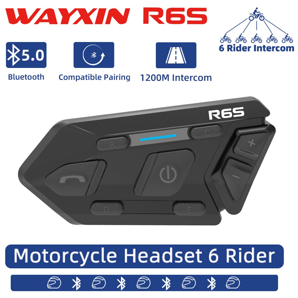 WAYXIN 6 Riders Helmet Headset Motorcycle Bluetooth Intercom Wireless Communication GPS Interphone Waterproof 1200M BT 5.0 R6S