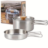 2pcs, Outdoor Mountaineering 304 Stainless Steel Foldable Handle Pot, Camping Portable Frying Pot And Soup Pot