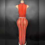 Luxury and atmospheric red temperament host stage sexy slim fit, buttocks wrapped female star evening dress, sleeveless