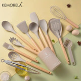 14pcs Silicone Utensil Set - Non-Stick Cooking Utensils With Wooden Handle & Storage Bucket
