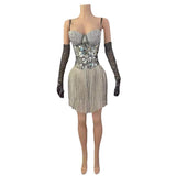 Sexy suspender gloves with full diamond sequins, tassel design on the skirt hem, stylish and buttocks wrapped nightclub bar jumpsuit