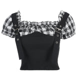 Plaid stitching one-word shoulder straps shoulder straps waist slimming top women short ins casual