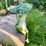 Garden Micro-Landscape Statue - Resin Frog Figurine Holding A Leaf. Realistic Cute Animal Miniature for Home & Office.