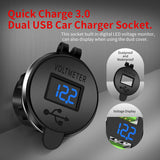 Quick 3.0 Dual USB Charger Socket Waterprooluminum Power Outlet Fast Charge with LED Voltmeter for 12V/24V Car Boat