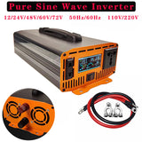 2600W Pure Sine Wave Inverter -- 12V/24V/48V/60V/72V Converter for Home, RV and Off-Grid Solar Systems + 2 AC Outlet & LED Light