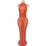 Luxury and atmospheric red temperament host stage sexy slim fit, buttocks wrapped female star evening dress, sleeveless
