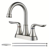 1pc 10.16 Cm 2 Handle Centerset Bathroom Sink Faucet, High Arc Swivel Spout With Drain Assembly And Supply Hoses, Bathroom Sink Faucet, Home Essential