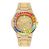 PINTIME Men's Watches Fashion Quartz Wristwatch Luxury Bling Iced Out Colored Diamond Case Stainless Steel Strap Waterproof 3ATM