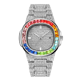 PINTIME Watch for Men Waterproof 3ATM Bling Iced Out Colored Diamond Case Fashion Quartz Wristwatch Stainless Steel Strap Clock