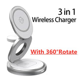 360 Rotate Metal 3 in 1 Magnetic Wireless Charger Stand Pad For iPhone 15 14 13 12 Apple Watch 9 8 Fast Charging Station