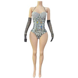 Hanging neck, suspender, spicy girl, black high-end stage show, tight fitting, slimming, full diamond lens design, gloves, nightclub dress