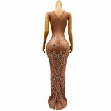 Sleeveless temperament evening sexy deep V pink sparkling diamond design sense dress