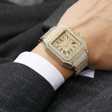 PINTIME Man Watch Luxury Full Diamonds Quartz Wristwatches Waterproof Gold Leisure Business Ice Out Square Watches Montre Homme