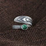S925 Sterling Silver Retro Malachite Feather Ring Open Stacking Rings Couple Models Open Gem Ring Women/Men Jewelry Accessories