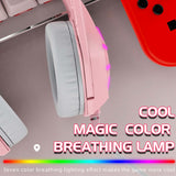 Pink Gaming Headset Headphones 3.5mm USB Wired Noise Cancelling Cat Ear Headphones with Microphone and LED RGB Light