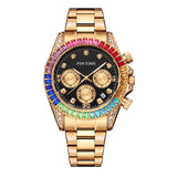 PINTIME Business Men's Watch Iced Out Diamond Stainless Steel Strap Luxury Color Quartz Wristwatch Waterproof Relogios Masculino