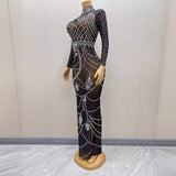 Black haute couture socialite sexy perspective sparkling rhinestone party evening dress