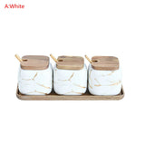 3Pcs Nordic Style Marble Pattern Ceramics Spice Jar Suit Kitchen Storage Seasoning Tool with Lid with Spoon Kitchen Accessories