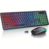 Wireless Keyboard and Mouse Combo RGB Backlit, Rechargeable Light Up Letters, Full-Size, Ergonomic, Sleep Mode, 2.4GHz