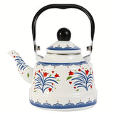 1pc 1.1L Enamel Hot Kettle, Household Enamel Geometric Printed Flower Green Dot Flower Ancient Bell Kettle Boiling Kettle