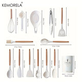 14pcs Silicone Utensil Set - Non-Stick Cooking Utensils With Wooden Handle & Storage Bucket