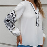 V-neck Flared Sleeves Top Single-breasted Geometric Printed Loose Long Sleeves