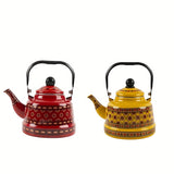 1pc 1.1L Enamel Hot Kettle, Household Enamel Geometric Printed Flower Green Dot Flower Ancient Bell Kettle Boiling Kettle