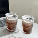 1Set Simple Striped Coffee Glass With Lid Transparent Bubble Milk Tea Cup Juice Glass Milk Morning Cup 450Ml