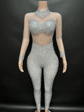 Nightclub bar party sexy red perspective mesh diamond tight jumpsuit for women's performance