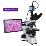 Professional Lab Biological HD Trinocular Microscope Zoom 2500X + 2/16MP Electronic Digital Camera USB HDMI VAG + 10-inch LCD