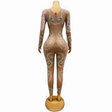 Flesh colored sexy perspective jumpsuit, nightclub bar, bouncing DJ suit, small sparkling diamond patchwork pattern design sense