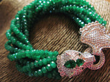 Micropaved Zircon Leopard Head Green Onyx Pearl Multi-Ring Bracelet