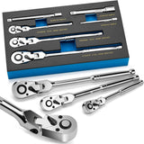 Flex 1/4" 3/8" 1/2" Drive Swivel Head Ratchet with Extension 72 Teeth 180° Adjustable 6-Piece Set