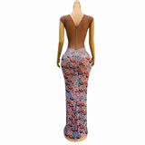 Fashionable ethnic style colorful floral long sexy front slit slim fit company banquet evening dress