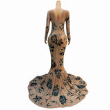 Full Sparkling Print Brown Horn Long Skirt Fishtail High Quality Cocktail Evening Dress Company Party