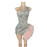 Personalized Diagonal Shoulder Hot Selling Elegance Celebrity Dress Tight Mesh Elastic Wrap Hip Sexy Sequin Short Skirt