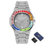 PINTIME Watch for Men Waterproof 3ATM Bling Iced Out Colored Diamond Case Fashion Quartz Wristwatch Stainless Steel Strap Clock