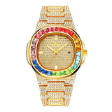 PINTIME Watch for Men Waterproof 3ATM Bling Iced Out Colored Diamond Case Fashion Quartz Wristwatch Stainless Steel Strap Clock