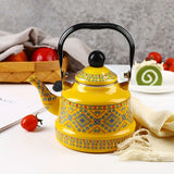 1pc 1.1L Enamel Hot Water Kettle Household Enamel Geometric Print Memory Flower Target Ancient Clock Kettle