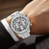 PINTIME Watch for Men Stainless Steel Strap Fashion Quartz Wristwatch Leopard Print Dial Waterproof 30M Diamond Case Reloj Hombr