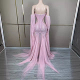 Pink Pearl Tail Long Design Feeling Wrapped Hip Fishtail Luxury Princess Celebrity Banquet Dress