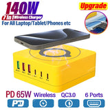 140W 6 Ports USB Charger Station Fast Wireless Charging Stand QC PD3.0 65W Quick Charge For Laptop Tablet iPhone Samsung Xiaomi