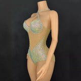 Hanging neck, sexy suspender, bikini color patchwork design, dazzling color, full diamond, super flash, girl group show and commercial dress