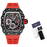 PINTIME Watch for Men Tonneau Case Fashion Quartz Wristwatch Waterproof 3Bar Silicone Strap Openwork Dial Clock Luminous Reloj