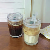 1Set Simple Striped Coffee Glass With Lid Transparent Bubble Milk Tea Cup Juice Glass Milk Morning Cup 450Ml