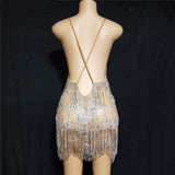 Novance 2024 Sexy Deep V Rhinestone Tassel Loose Evening Mini Luxury Party Dress